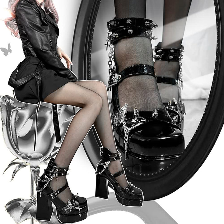 Gothic Punk Butterfly Chunky Platform High Block Heels - Vedlit