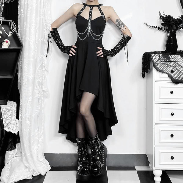 Gothic Punk Chain Halter Asymmetrical Dress - Vedlit