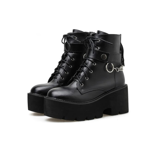 Gothic Punk Chain Leather Platform Boots - Vedlit