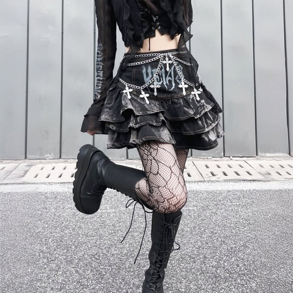 Gothic Punk Denim Tiered Mini Skirt - Vedlit