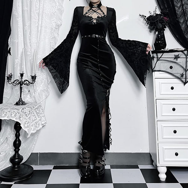 Gothic Punk Flare Sleeves Slit Maxi Dress - Vedlit