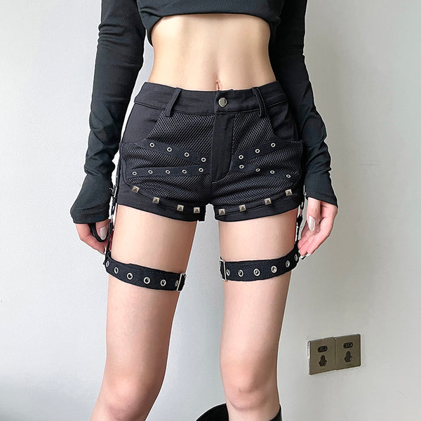 Gothic Punk Garter Shorts with Studded Detail and Mesh Panels - Vedlit