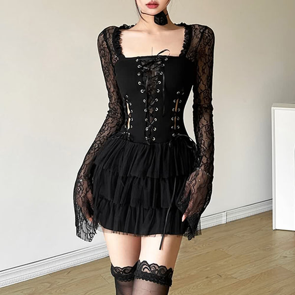 Gothic Punk Lace Long Sleeve Tiered Mini Dress - Vedlit