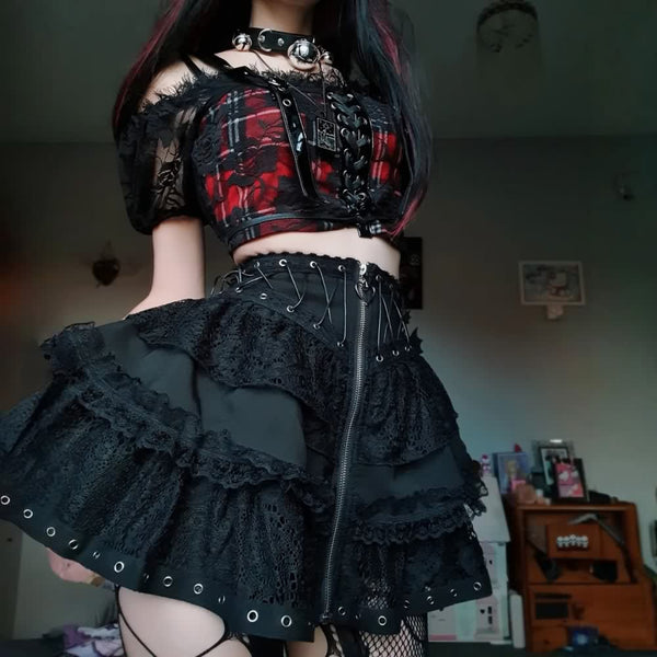 Gothic Punk Lace Mesh Ruffle Tiered Skirt - Vedlit