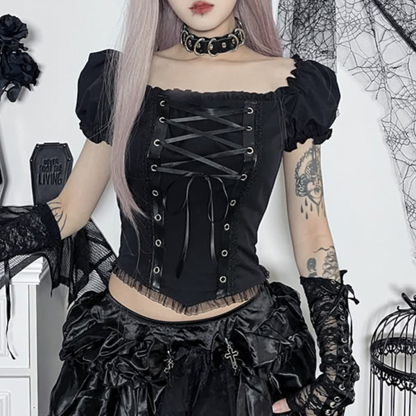 Gothic Punk Lace Up Puff Sleeve Crop Top - Vedlit