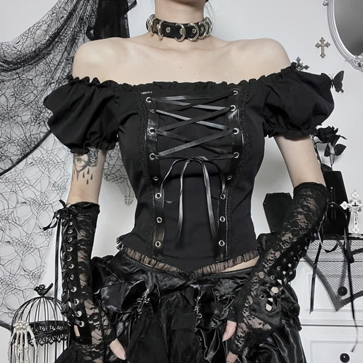 Gothic Punk Lace Up Puff Sleeve Crop Top - Vedlit