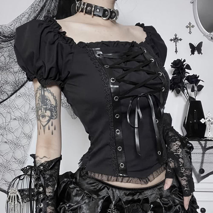 Gothic Punk Lace Up Puff Sleeve Crop Top - Vedlit