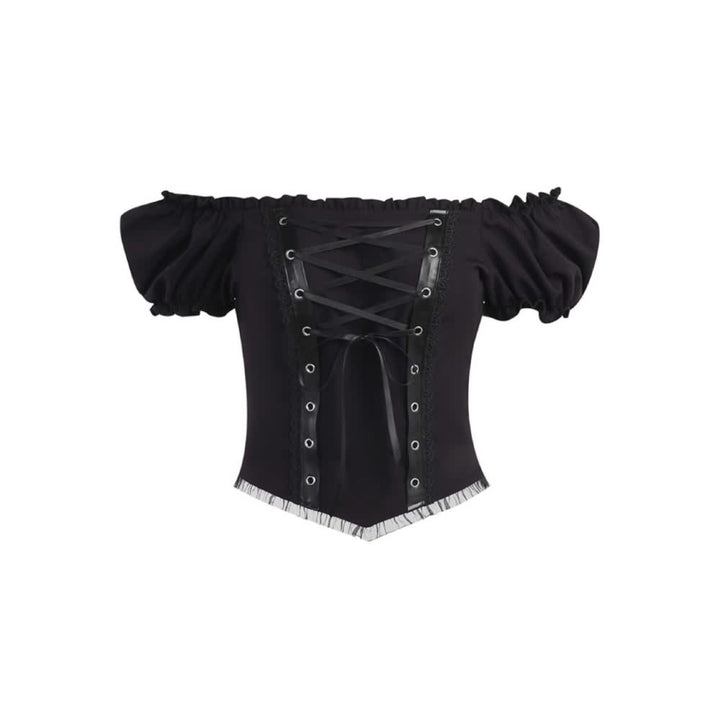 Gothic Punk Lace Up Puff Sleeve Crop Top - Vedlit