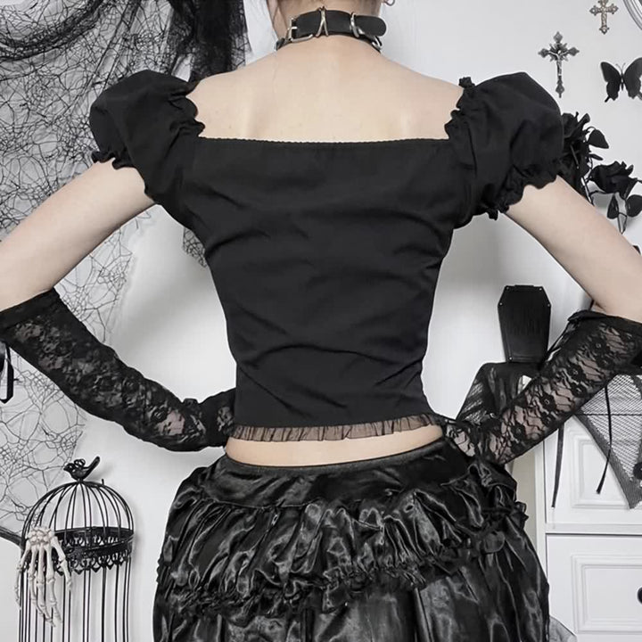 Gothic Punk Lace Up Puff Sleeve Crop Top - Vedlit