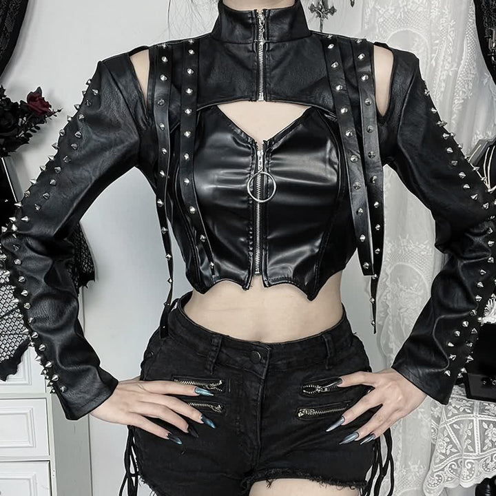 Gothic Punk Leather Rivet Shrug Jacket - Vedlit