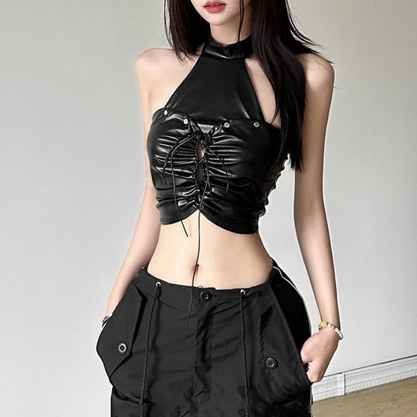 Gothic Punk Leather Ruched Halter Crop Top - Vedlit