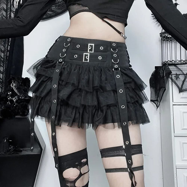 Gothic Punk Mesh Tiered Ruffle Mini Skirt - Vedlit