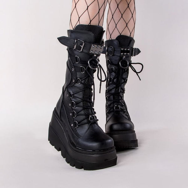 Gothic Punk Mid Calf Platform Wedge Boots - Vedlit