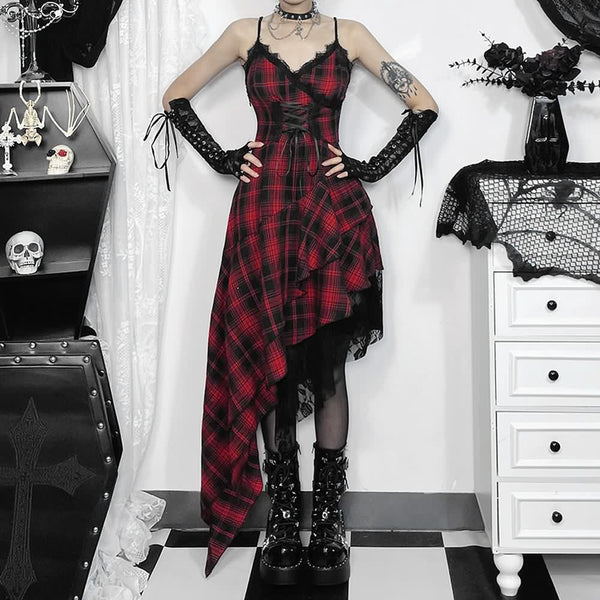 Gothic Punk Plaid Asymmetrical Dress - Vedlit