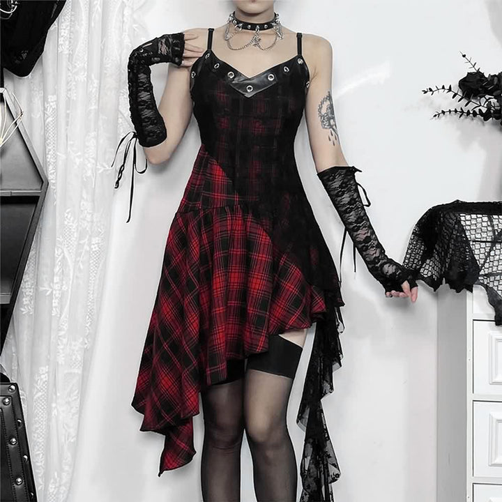 Gothic Punk Plaid Lace Asymmetrical Dress - Vedlit