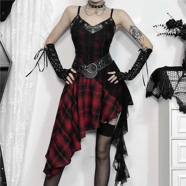 Gothic Punk Plaid Lace Asymmetrical Dress - Vedlit