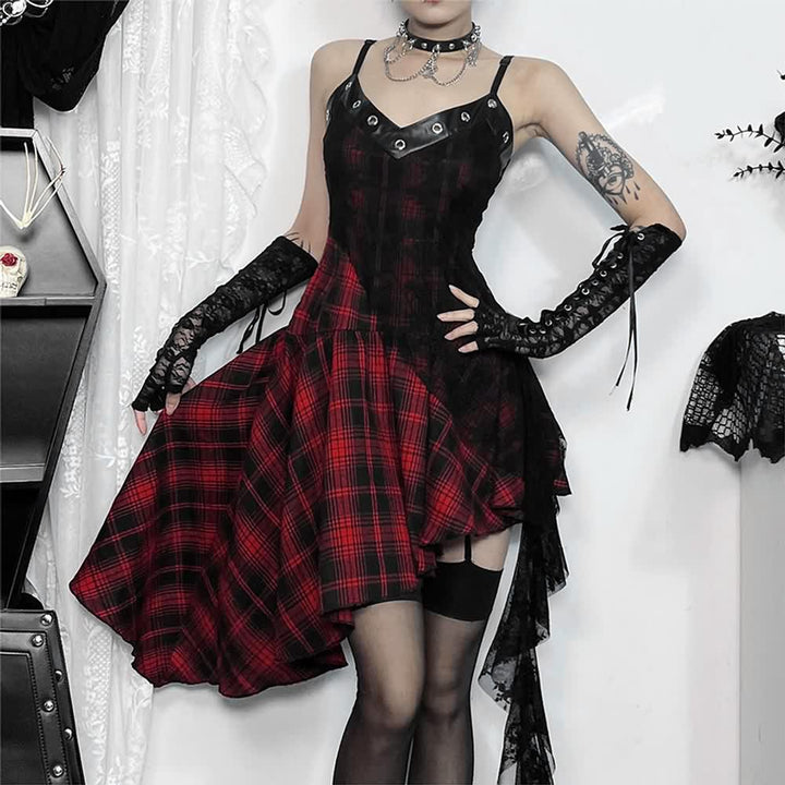 Gothic Punk Plaid Lace Asymmetrical Dress - Vedlit