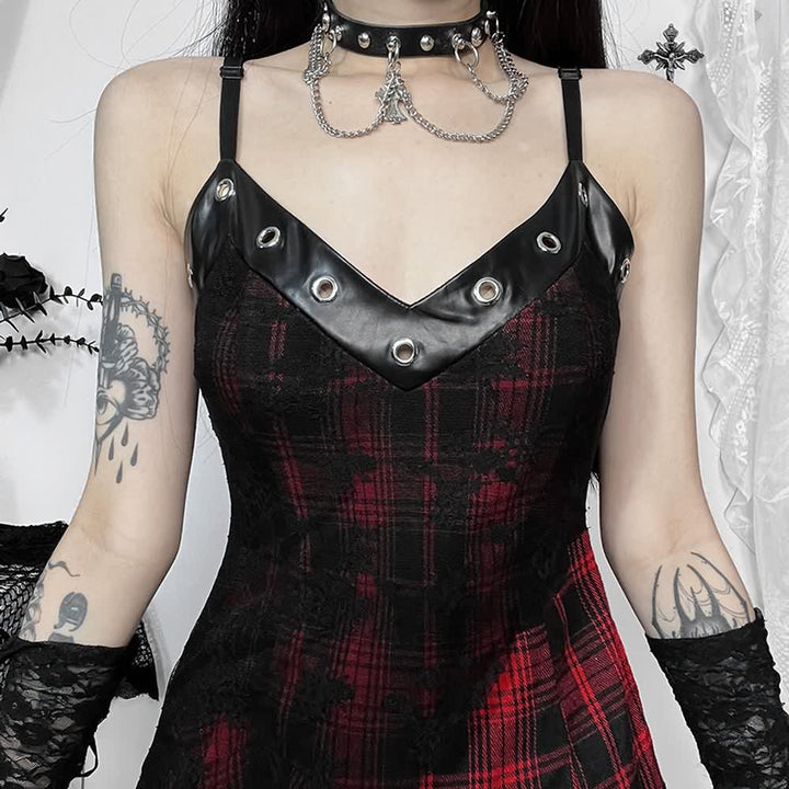 Gothic Punk Plaid Lace Asymmetrical Dress - Vedlit