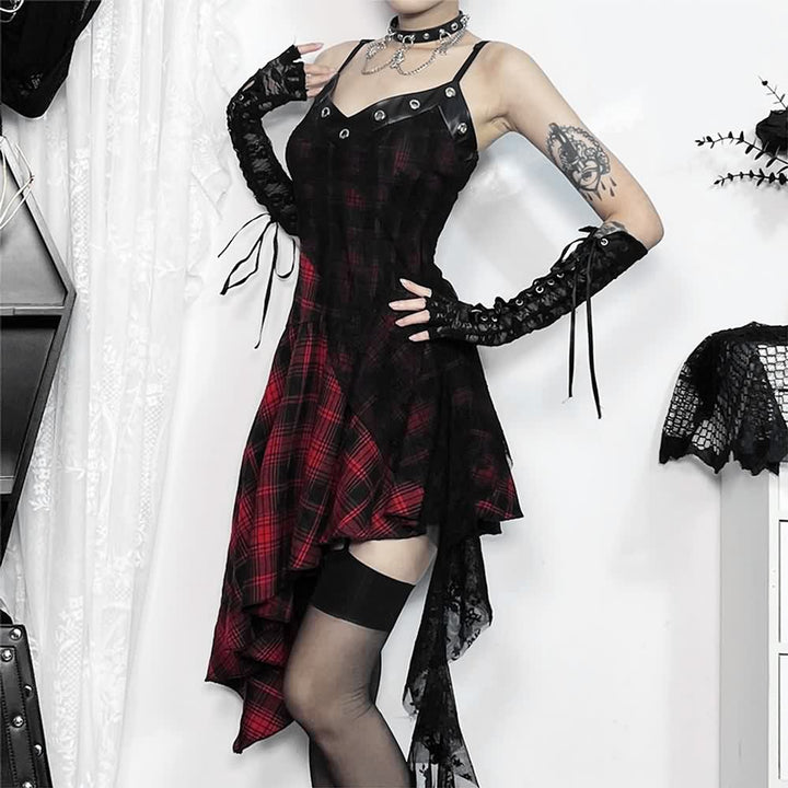 Gothic Punk Plaid Lace Asymmetrical Dress - Vedlit