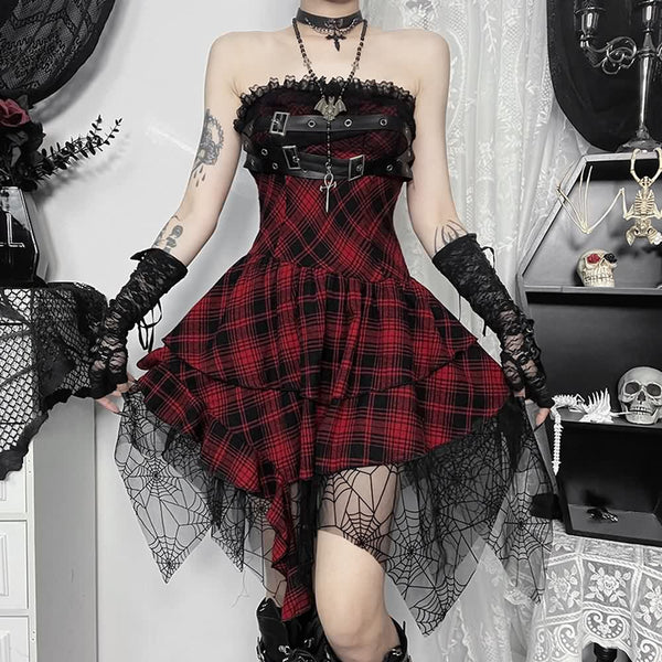 Gothic Punk Plaid Off The Shoulder Dress - Vedlit