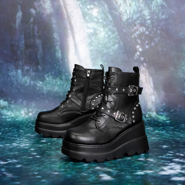 Gothic Punk Platform Wedge Ankle Boots - Vedlit