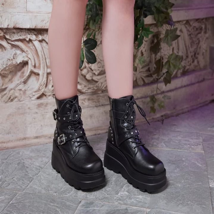 Gothic Punk Platform Wedge Ankle Boots - Vedlit