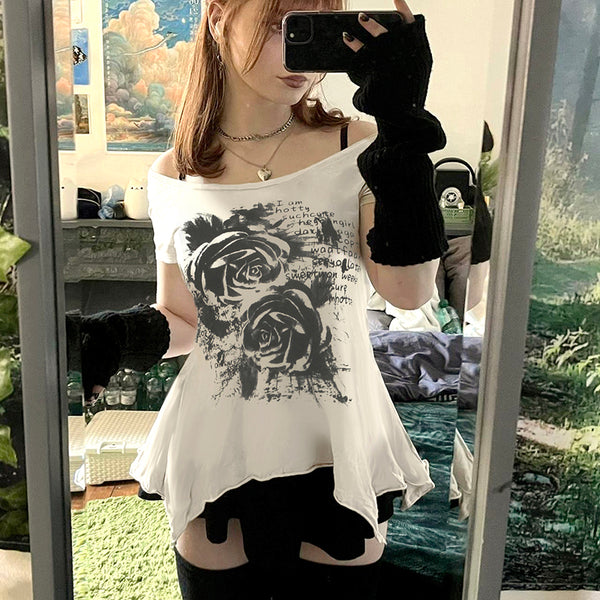 Gothic Rose Print Asymmetrical Hem Tee Shirt - Vedlit