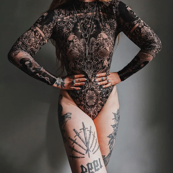 Gothic Sheer High Neck Long Sleeve Bodysuit - Vedlit