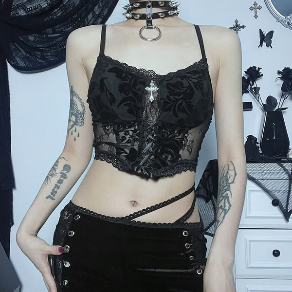 Gothic Sheer Mesh Lace Cami Crop Top - Vedlit