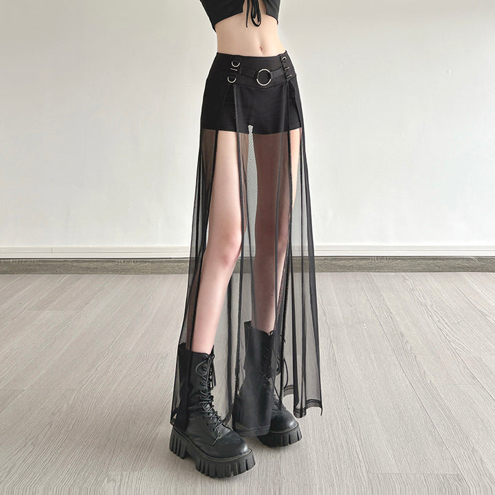 Gothic Sheer Mesh Layered Shorts Skirt with Buckle Detail - Vedlit