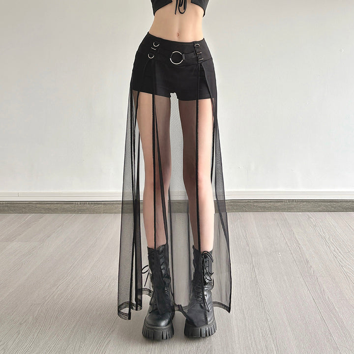 Gothic Sheer Mesh Layered Shorts Skirt with Buckle Detail - Vedlit