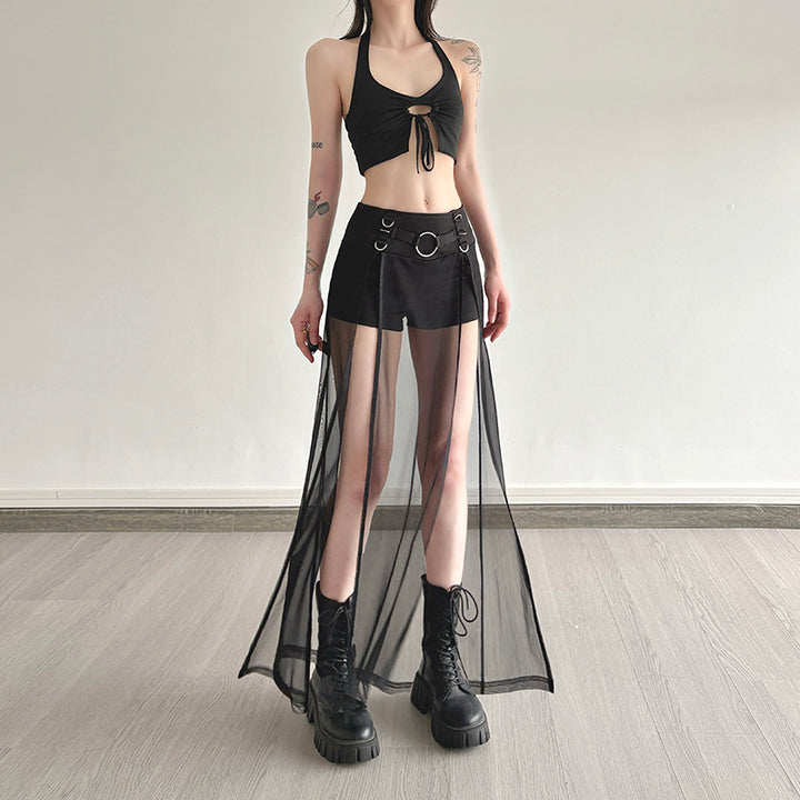 Gothic Sheer Mesh Layered Shorts Skirt with Buckle Detail - Vedlit