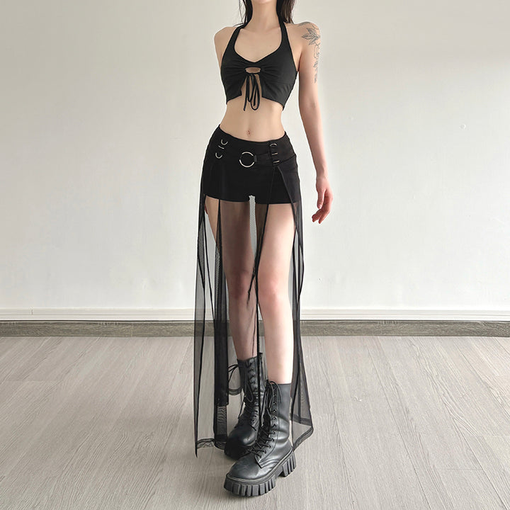 Gothic Sheer Mesh Layered Shorts Skirt with Buckle Detail - Vedlit