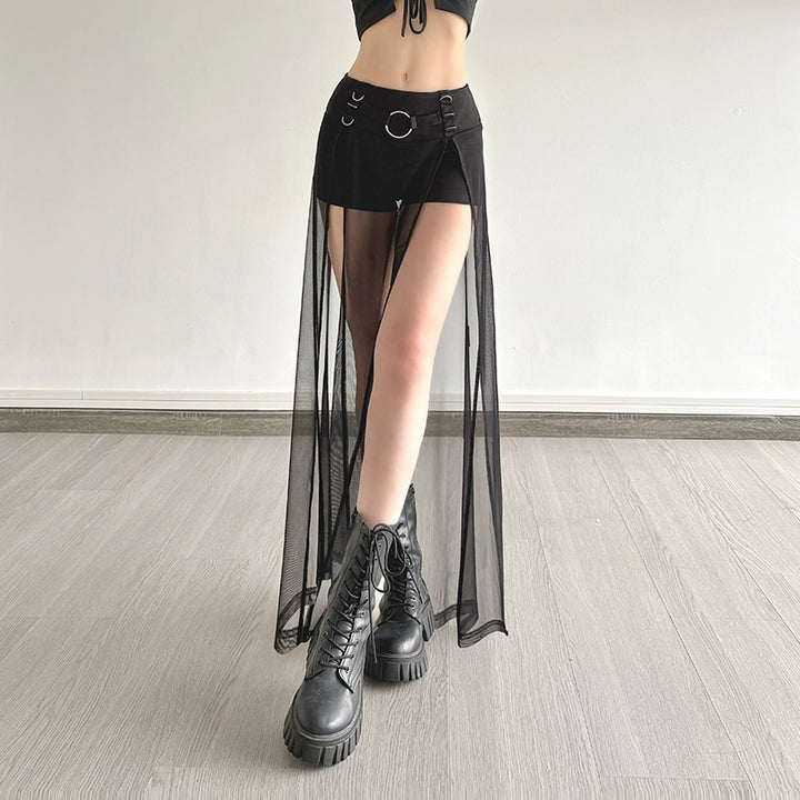 Gothic Sheer Mesh Layered Shorts Skirt with Buckle Detail - Vedlit