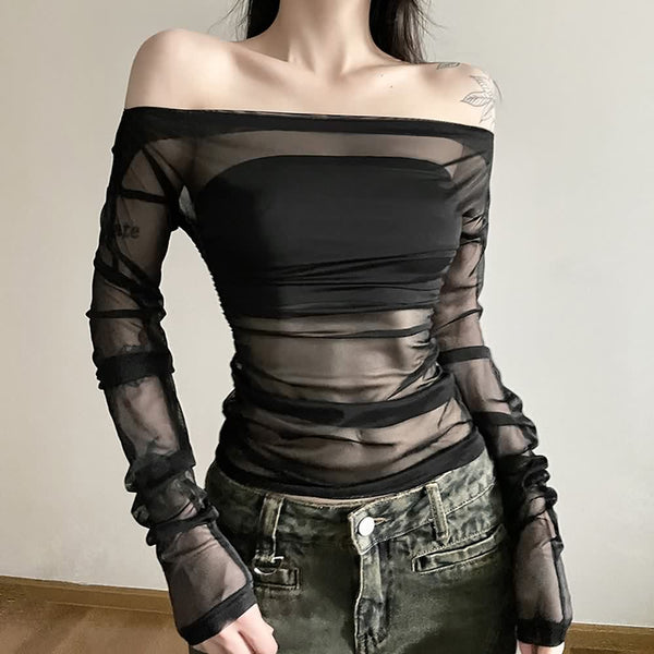 Gothic Sheer Mesh Off The Shoulder Long Sleeve Top - Vedlit