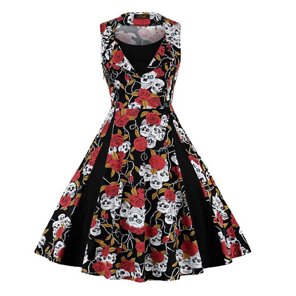 Magnificent Gothic Skull Rose Pattern Sleeveless Party Long Dress - Vedlit