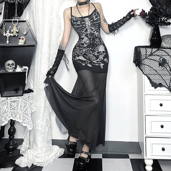 Gothic Skull Spaghetti Strap Maxi Dress - Vedlit