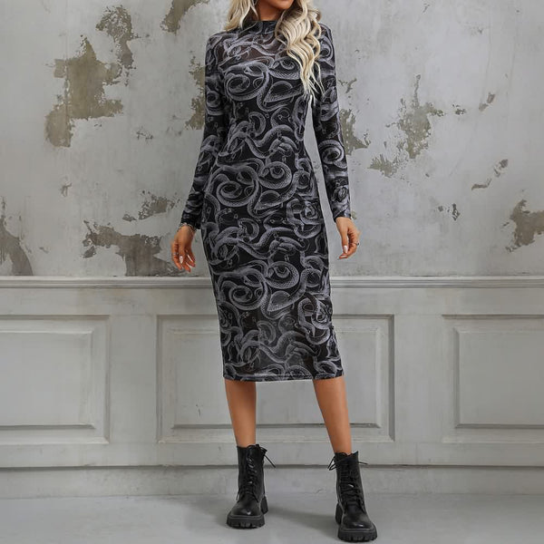 Gothic Snake Sheer Long Sleeve Midi Dress - Vedlit