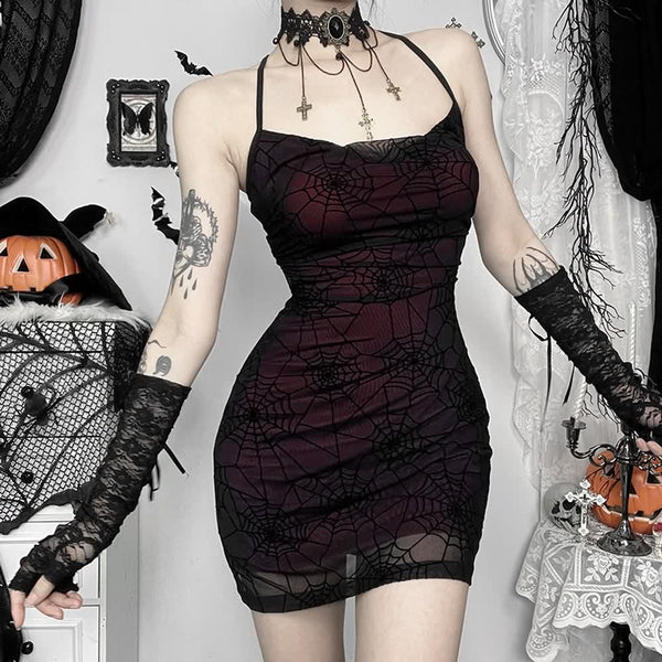 Gothic Spider Web Mesh Overlay Backless Mini Dress - Vedlit