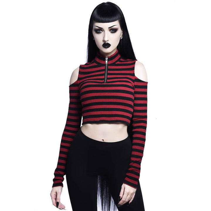 Gothic Stripe Cold Shoulder Long Sleeve Top - Vedlit