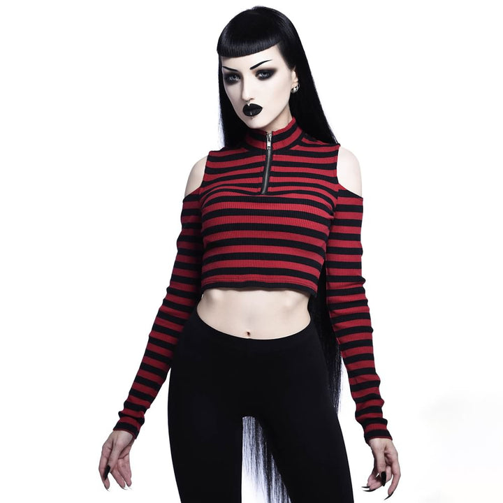 Gothic Stripe Cold Shoulder Long Sleeve Top - Vedlit