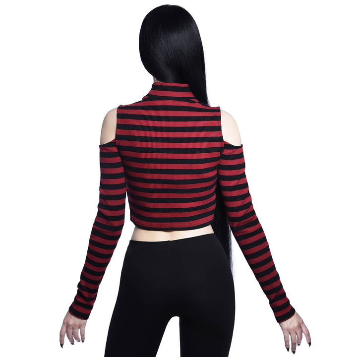 Gothic Stripe Cold Shoulder Long Sleeve Top - Vedlit