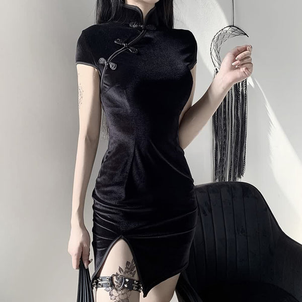 Gothic Style Velvet Cheongsam Mini Dress - Vedlit