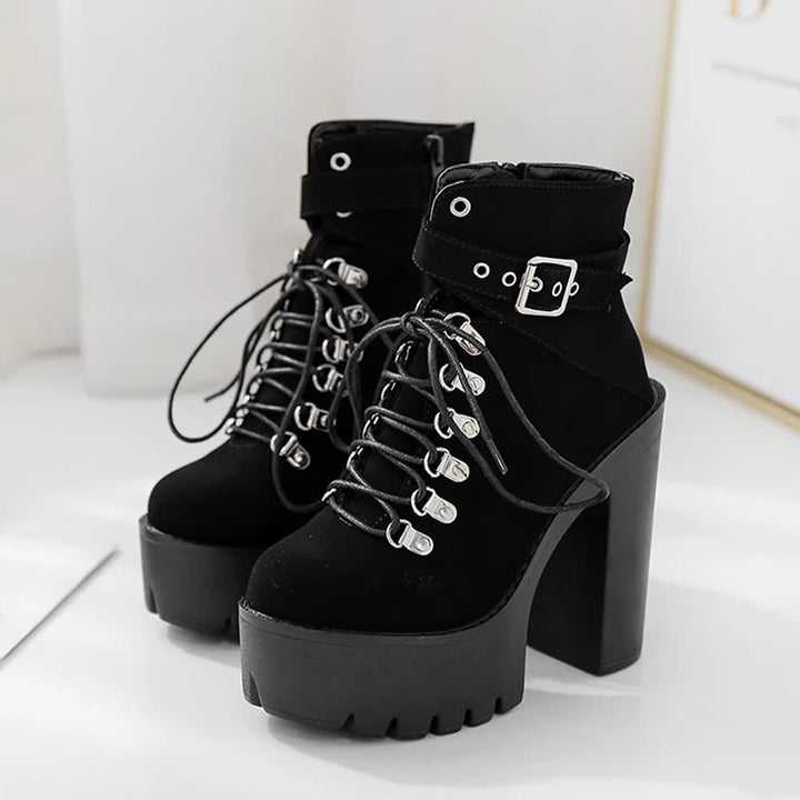 Gothic Suede Buckle Strap Lace Up Platform Boots - Vedlit