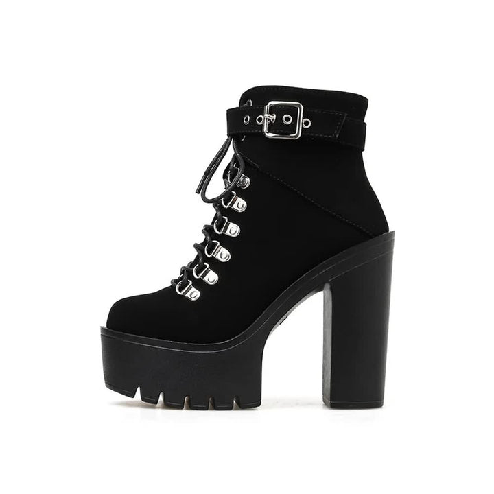 Gothic Suede Buckle Strap Lace Up Platform Boots - Vedlit