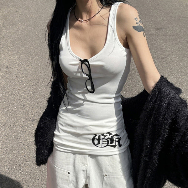 Gothic Sword Back Print White Tank Top Y2K Streetwear - Vedlit