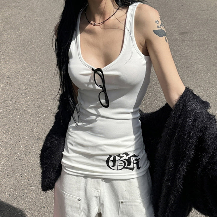 Gothic Sword Back Print White Tank Top Y2K Streetwear - Vedlit