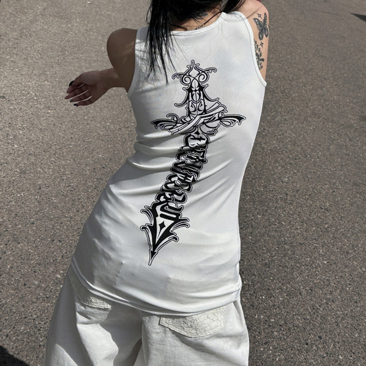Gothic Sword Back Print White Tank Top Y2K Streetwear - Vedlit
