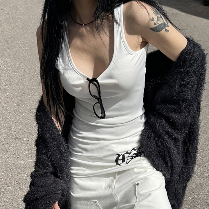 Gothic Sword Back Print White Tank Top Y2K Streetwear - Vedlit
