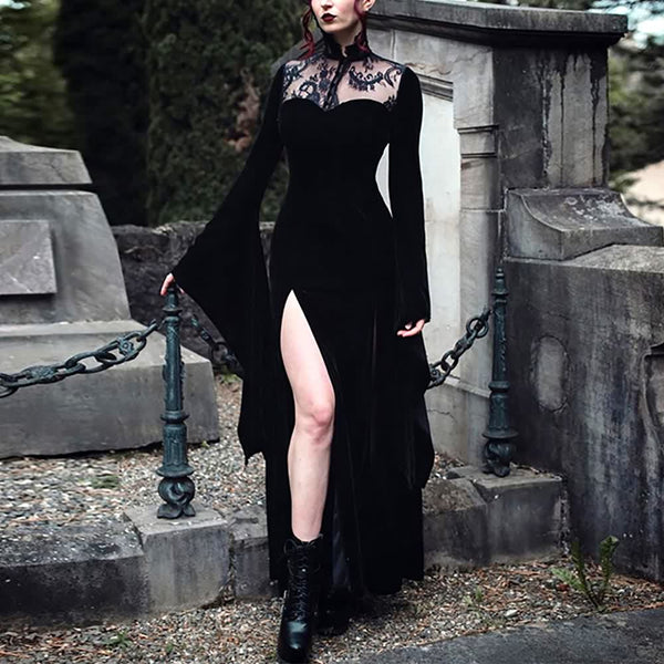 Gothic Vampire Bell Sleeve Slit Maxi Dress - Vedlit